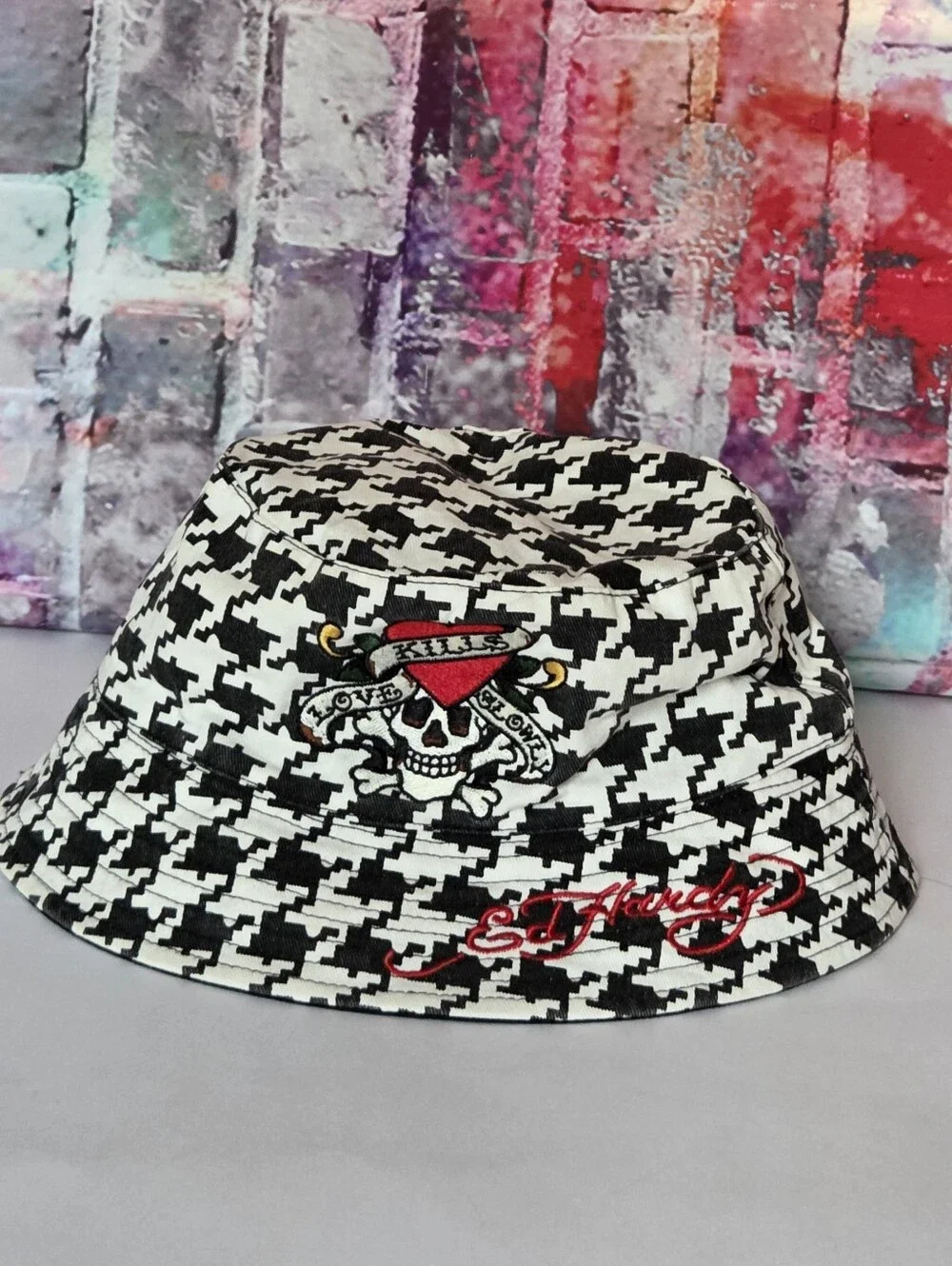 Ed Hardy Black & White Houndstooth Bucket Hat with Skull Patch